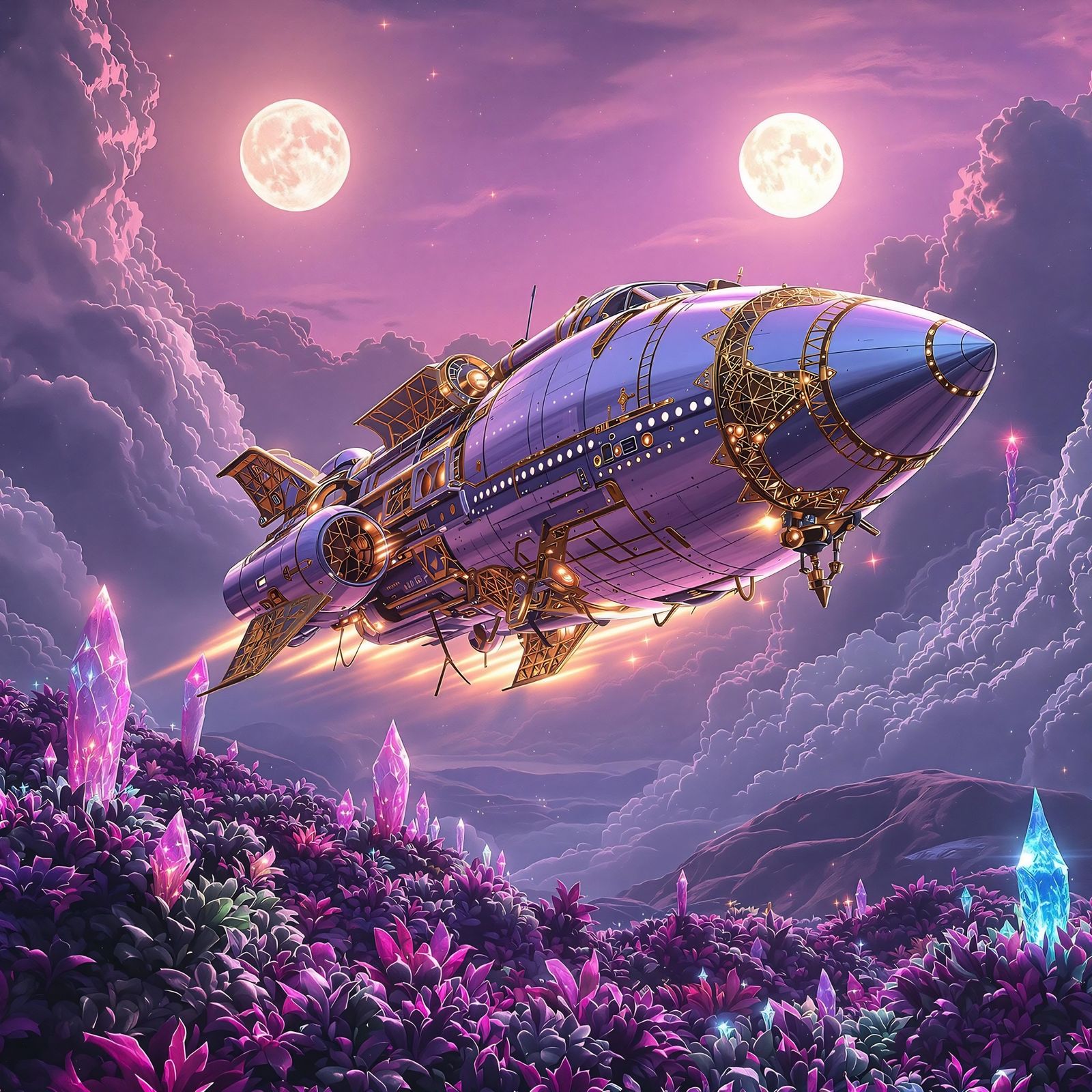 Photorealistic and ultra detailed picture of a rocket ship. The rocket ship, a spire of pearlescent metal and intricate ...