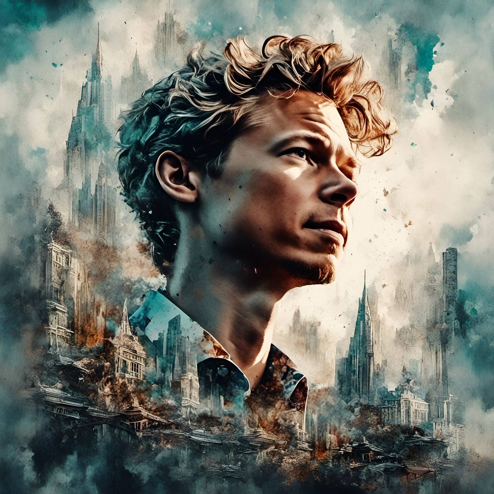 Megapolis Double Exposure Portrait in Digital Art Style