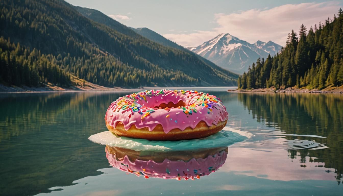 Giant Donut Floats on Mountain Lake