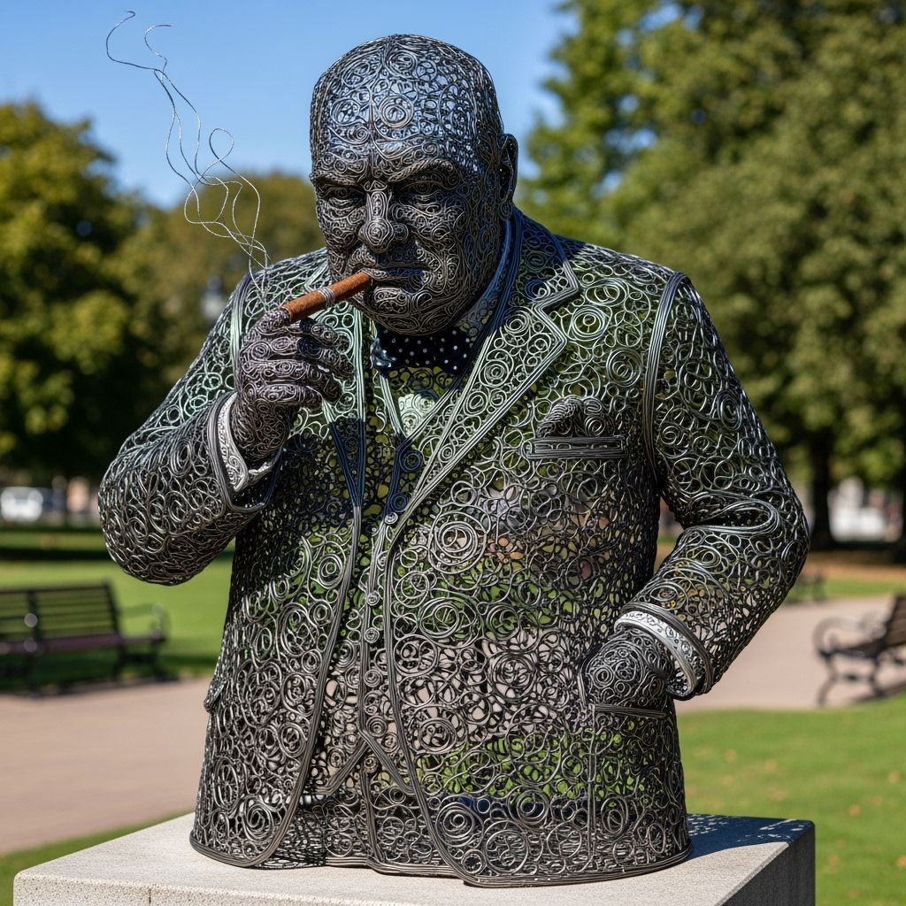 Winston Churchill Wire Sculpture in Public Park