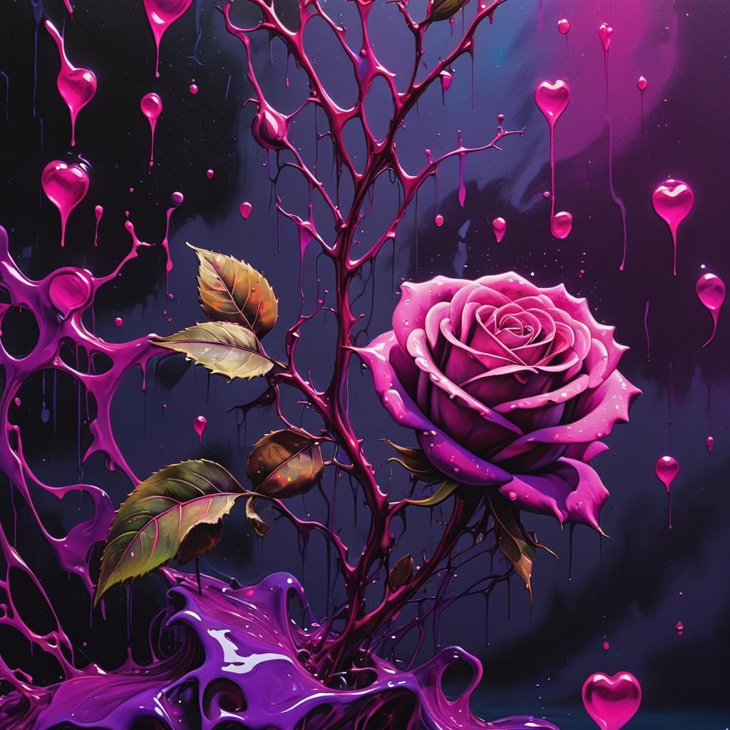 Underwater Neon Rose Heart in Surreal Graffiti Style