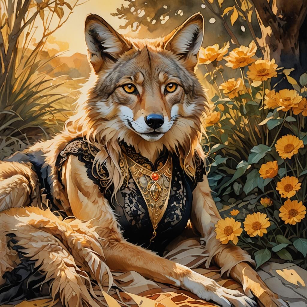 Coyote Woman Portrait in Watercolor Painting Style