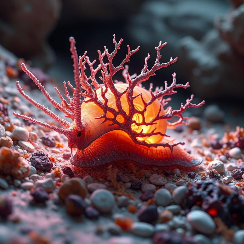 Murex Snail Crawling in Surreal Coral Landscape