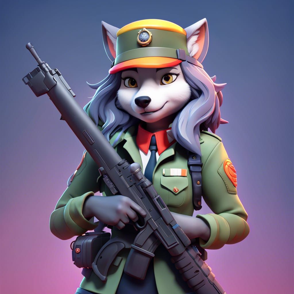 Wolf Girl in Military Gear: 3D Digital Art