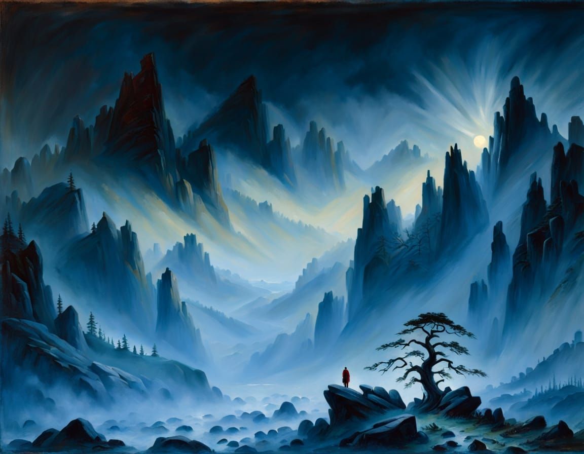 Solitary Figure Gazes at Misty Mountains in Moonlight