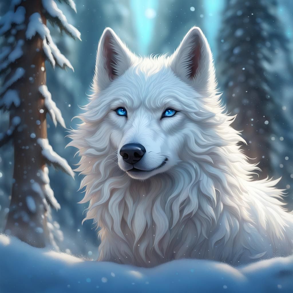 Fluffy White Wolf in Snowy Forest: Fantasy Art