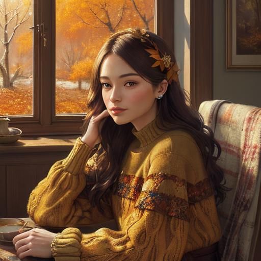 Woman in Embroidered Autumn Dress: Impressionist Portrait