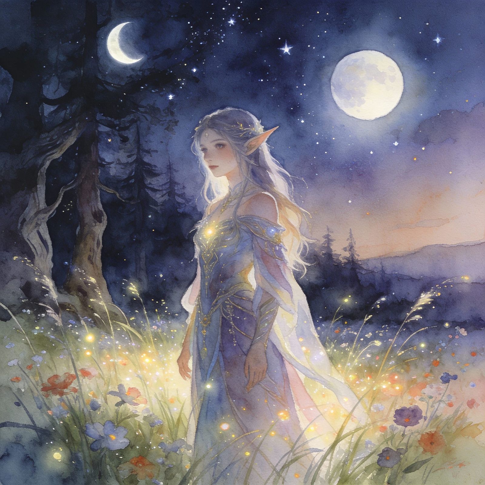 Magical Elf in Twilight Meadow with Two Moons