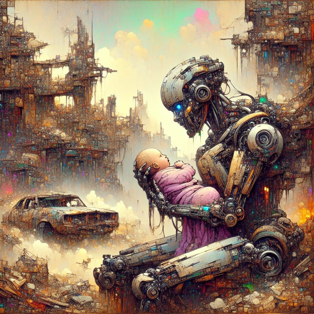 Gentle Robot Cradles Infant in Post-Apocalyptic Wasteland, i...