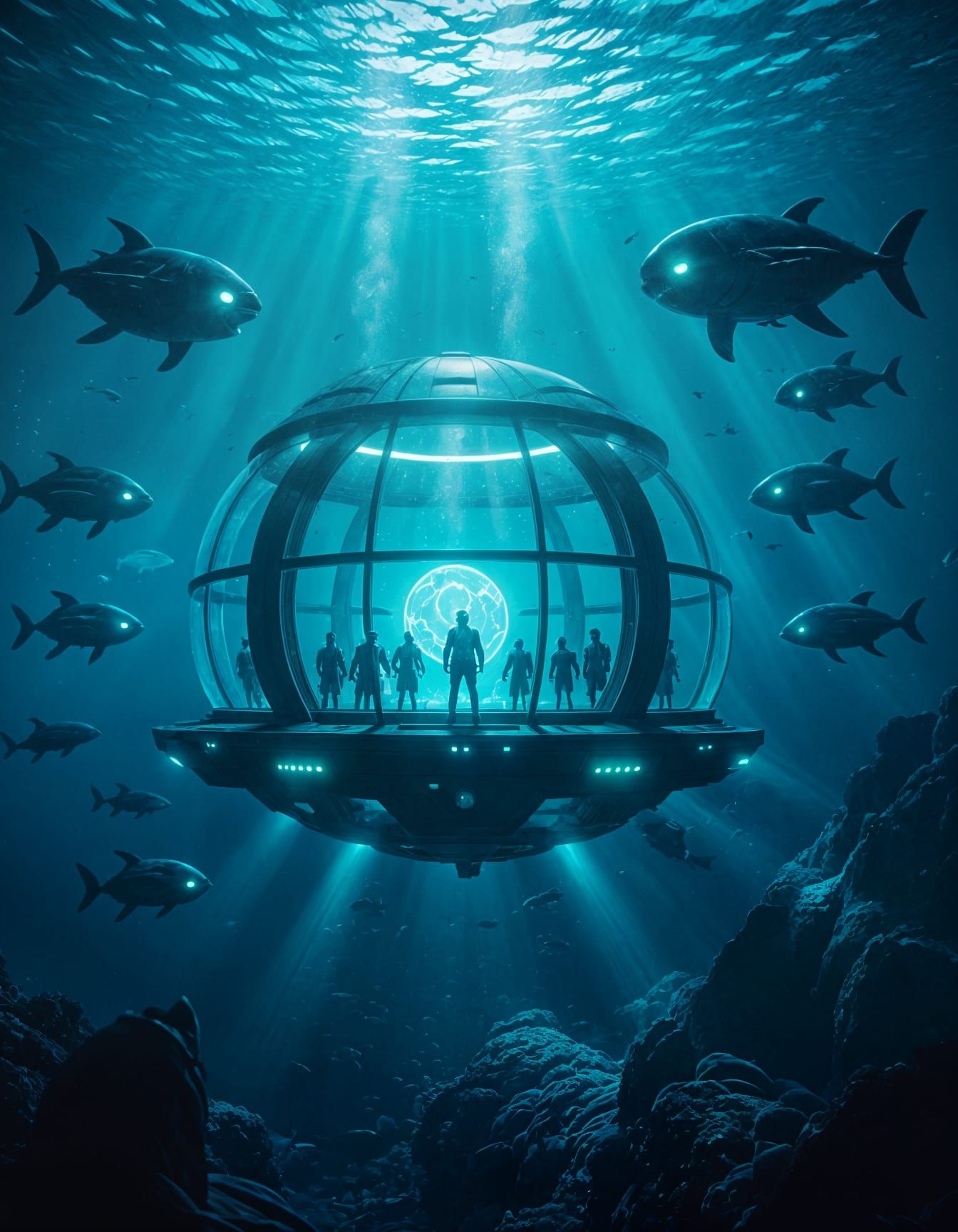 Futuristic Underwater Dome With Robotic Army