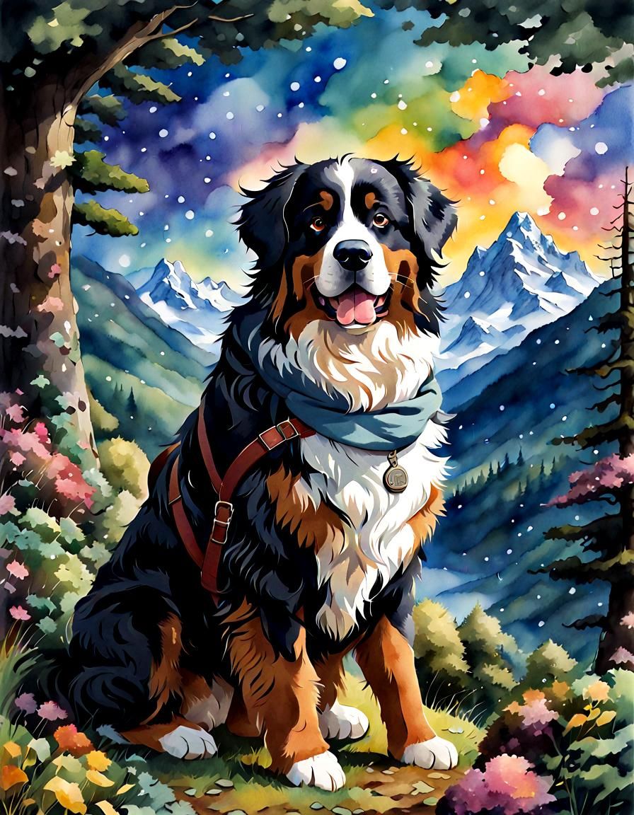 Bernese Mountain Dog Forest Adventure in Watercolor Anime St...