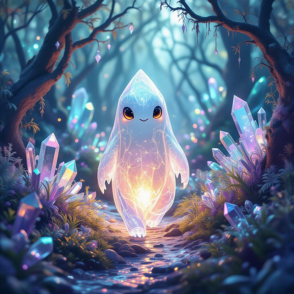 Glowing Crystal Creature in Vibrant Luminescent Forest