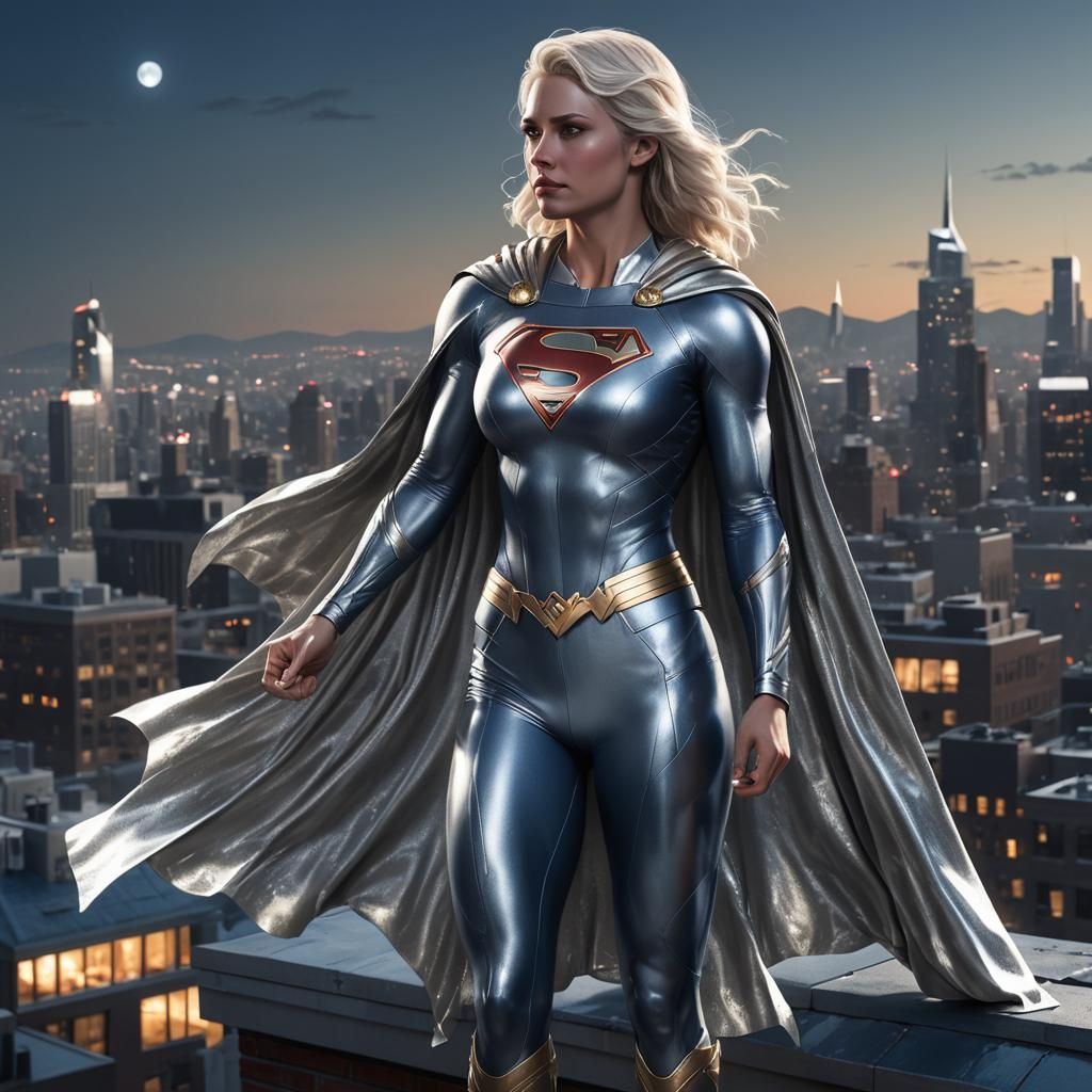 Platinum Blonde Supergirl Overlooking City in Silver Outfit
