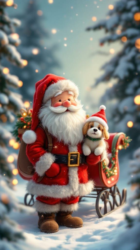 Cute Felt Santa with Fluffy Dog in Snowy Landscape