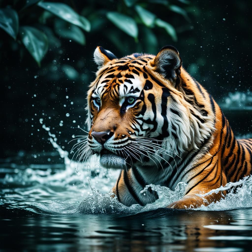 Happy Tiger in Water: Hyperrealistic 64 Megapixel Image