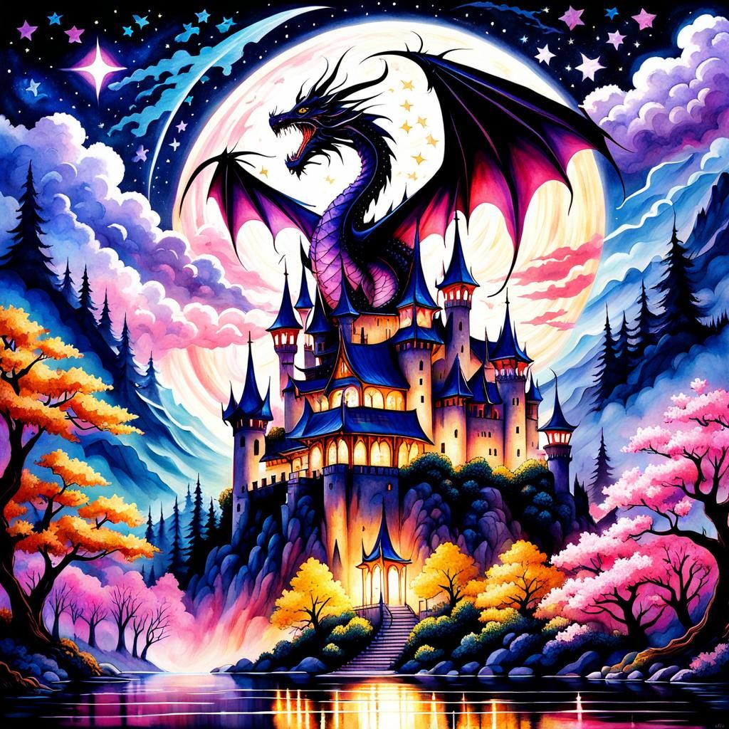 Gothic Dragon Castle in Watercolor Japanese Landscape