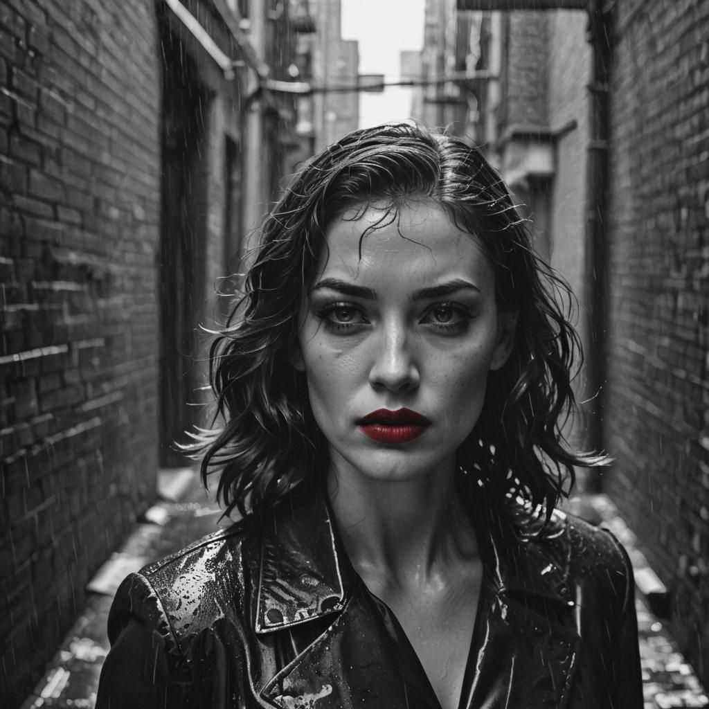 Noir Portrait of a Woman in Rainy Alleyway