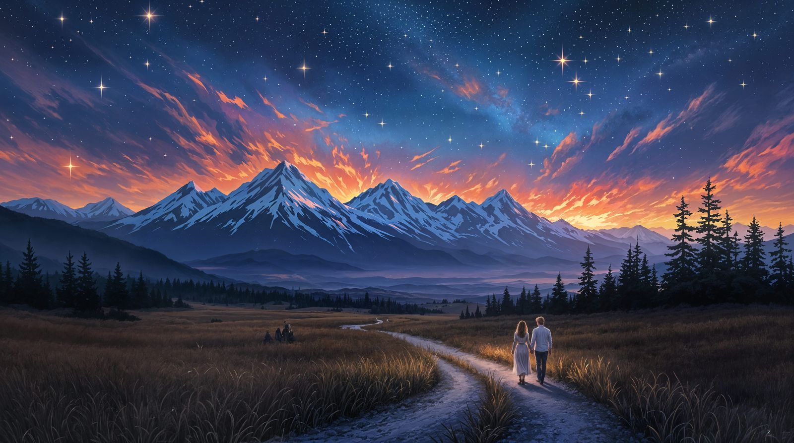 A Romantic Starlit Path Through the Mountains