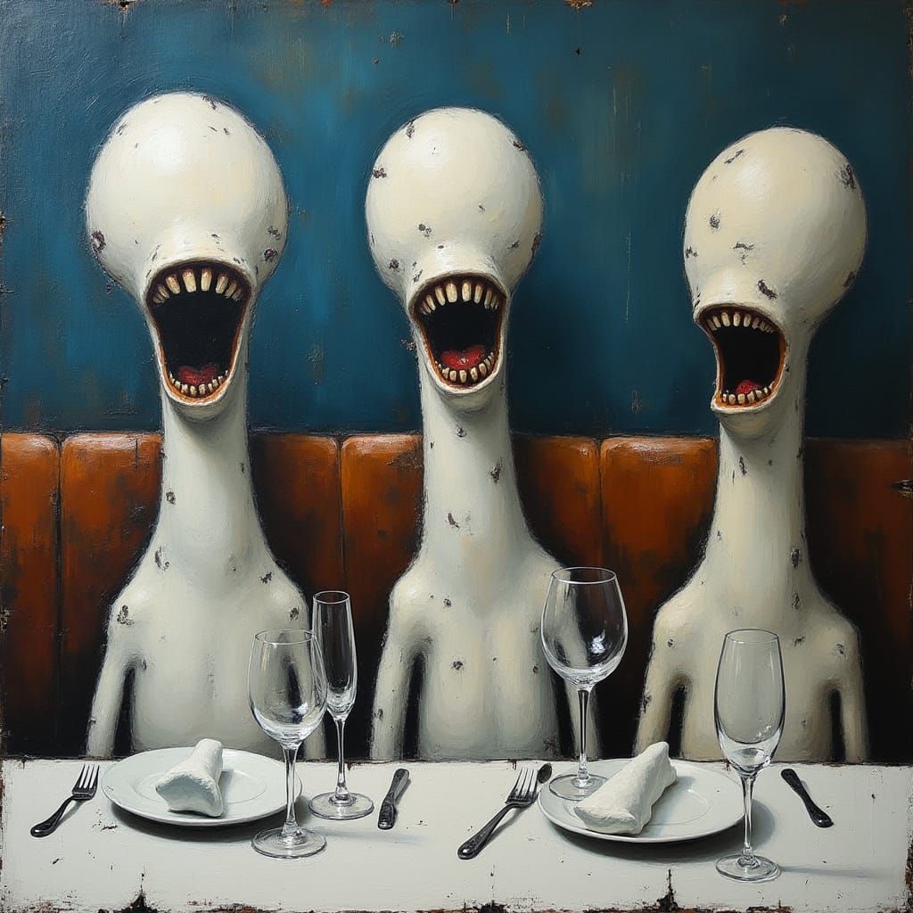 Surreal Figures Dine: An Oil Painting in Bacon Style