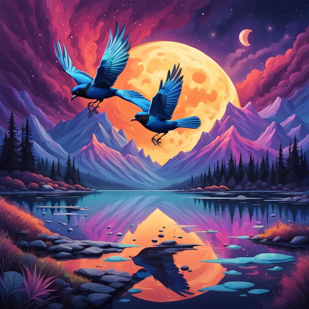 Iridescent Magpies Soaring Over Moonlit Lake in Graffiti Art