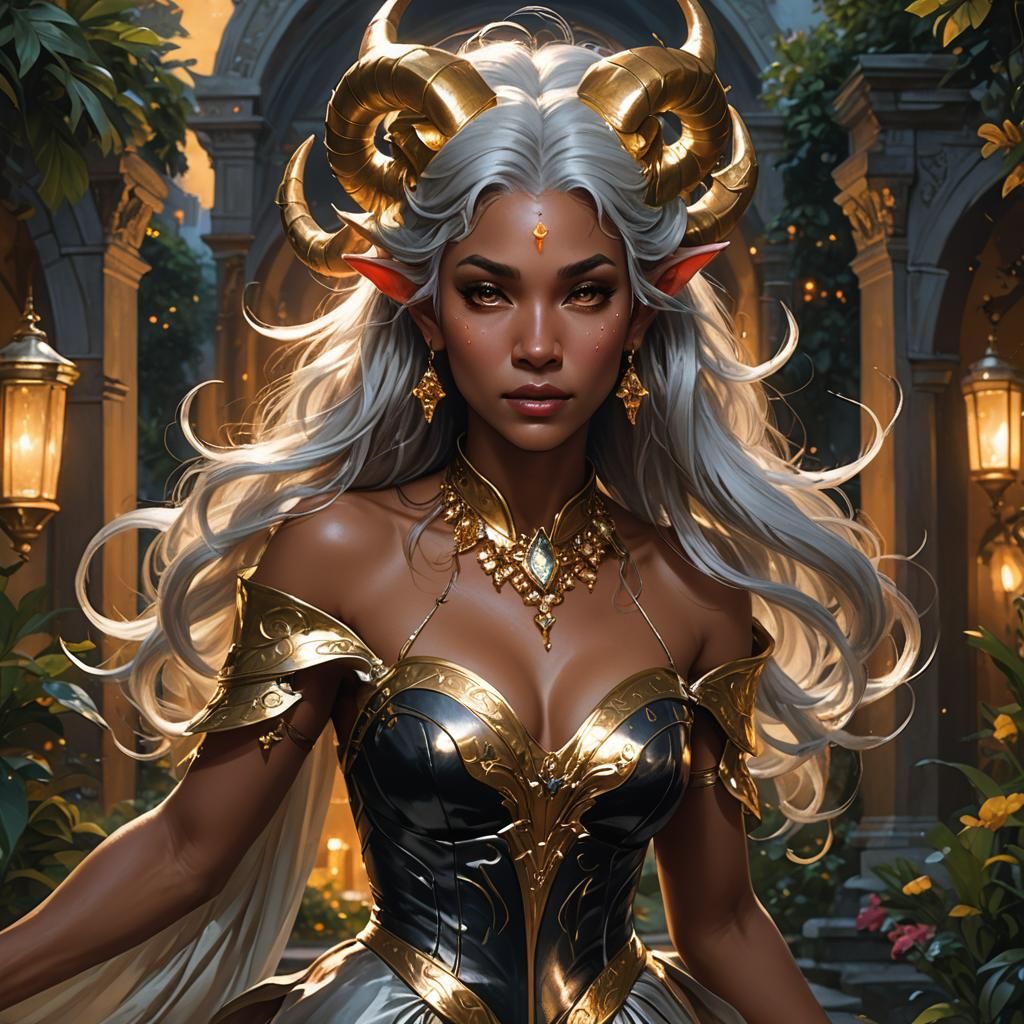 Crying Tiefling Demigoddess in Dark Garden, Digital Art