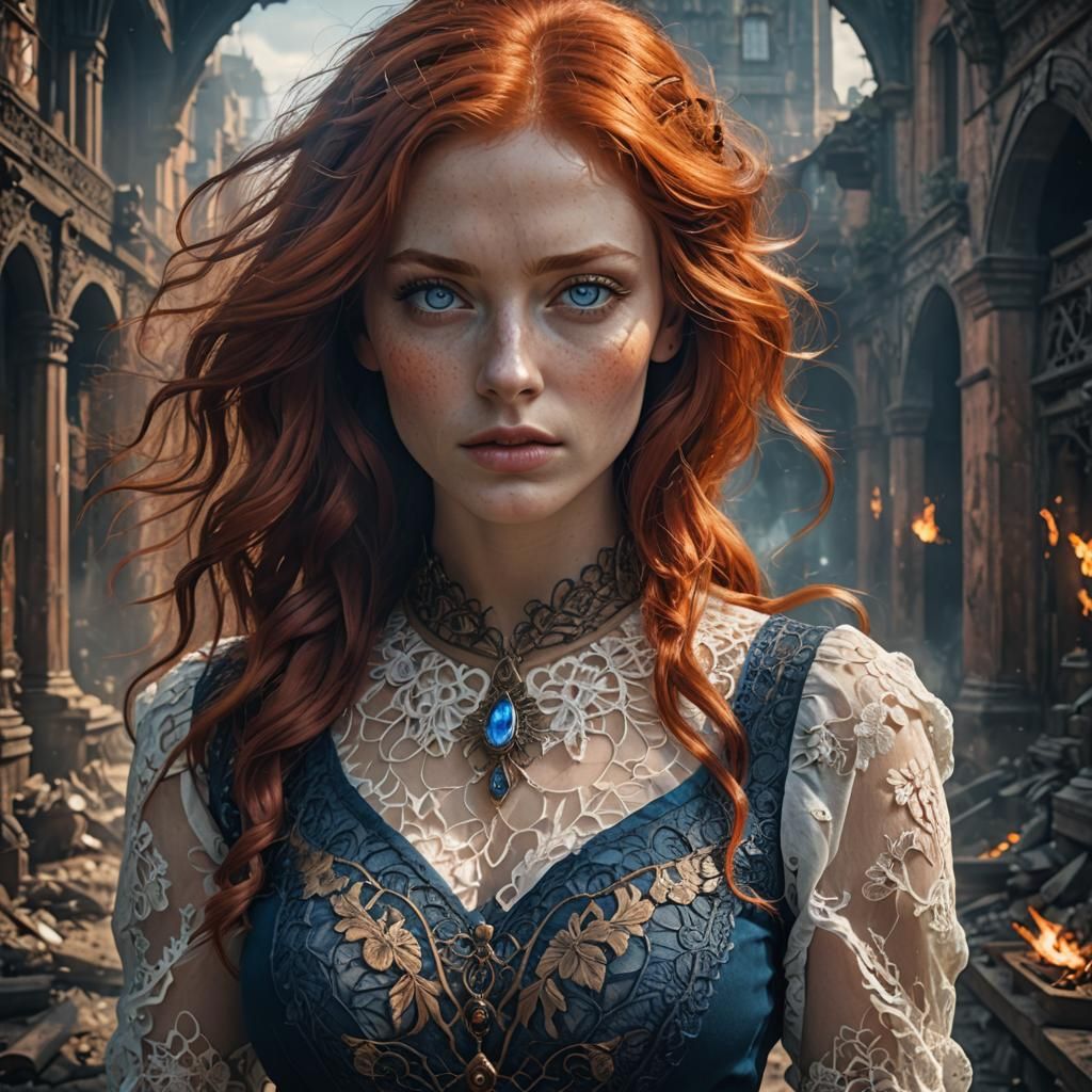 Fiery Redhead with Blue Eyes: Digital Portrait