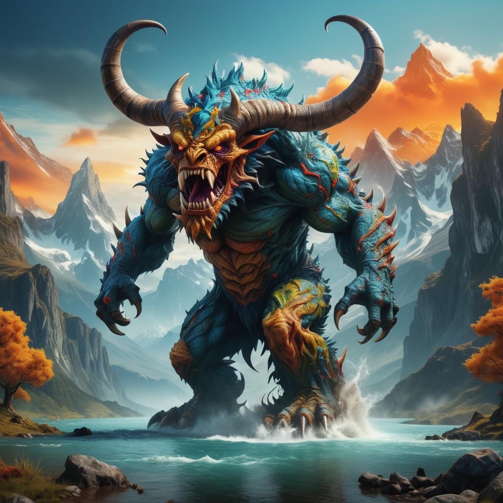 Hyperrealistic Horned Monster with Huge Mouth