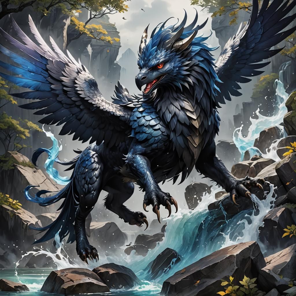 Obsidian Griffin in Deep Color Watercolor Style