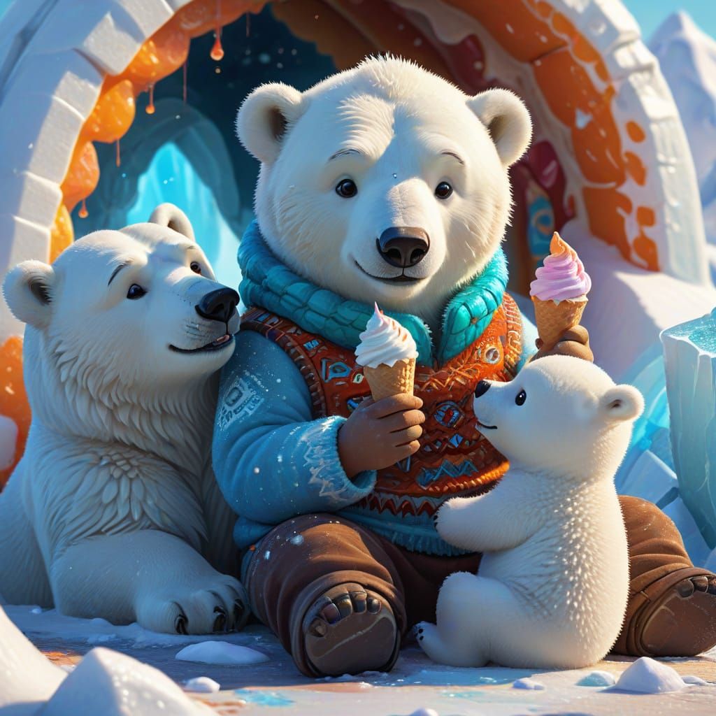 Inuit Boy and Polar Bear Cub Enjoying Ice Cream