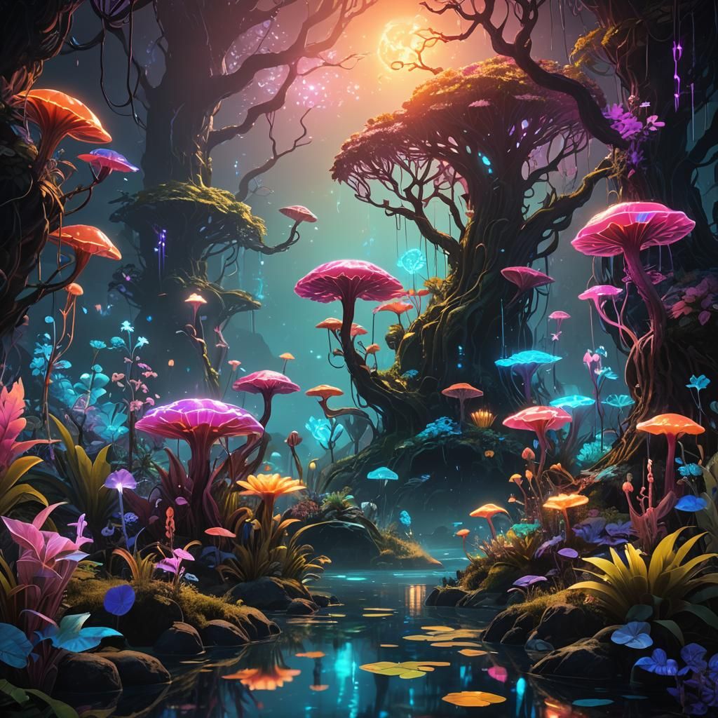 Neon Fantasy Landscape with Mystical Creatures