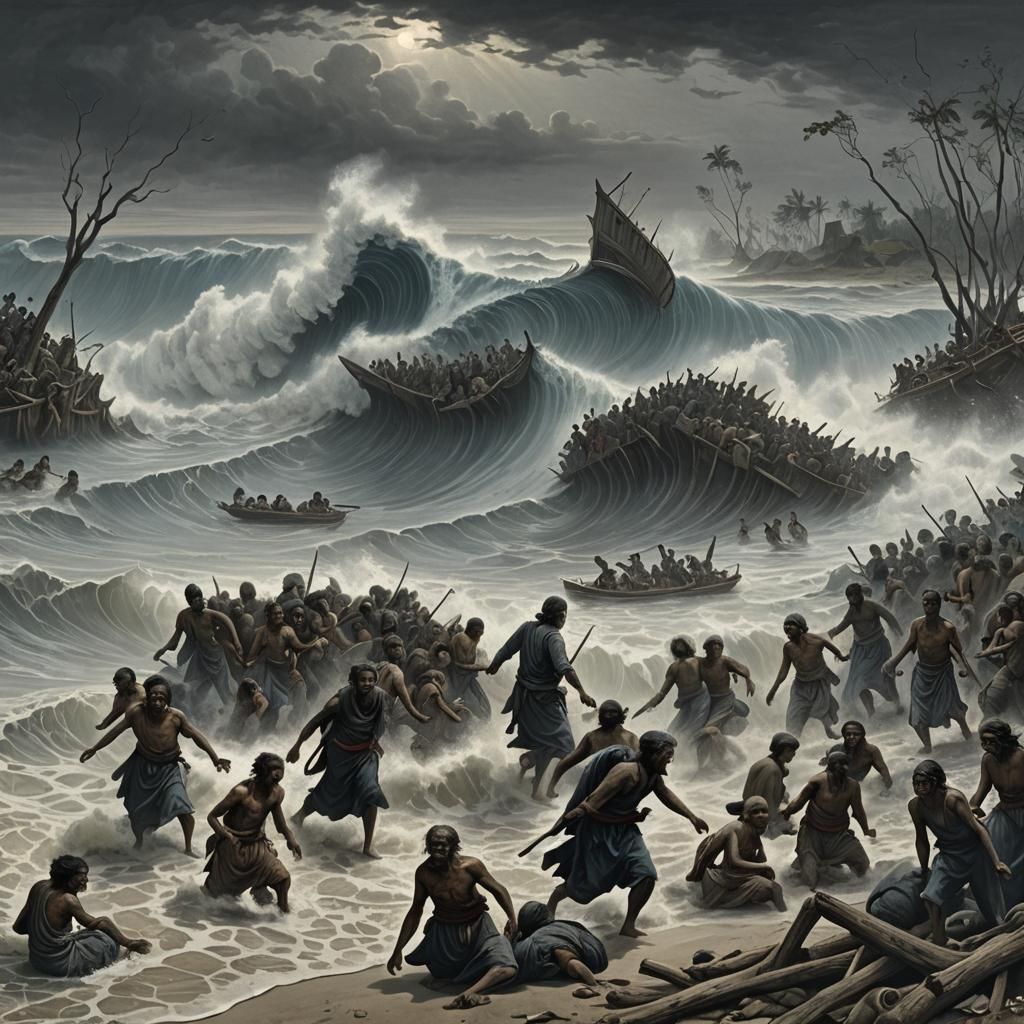 Tsunami Disaster on Indonesian Beach in Engraving Style