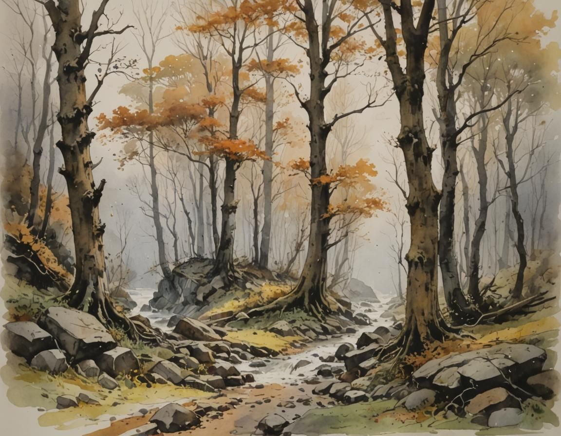 Watercolor and Ink Landscape Art in Romantic Style