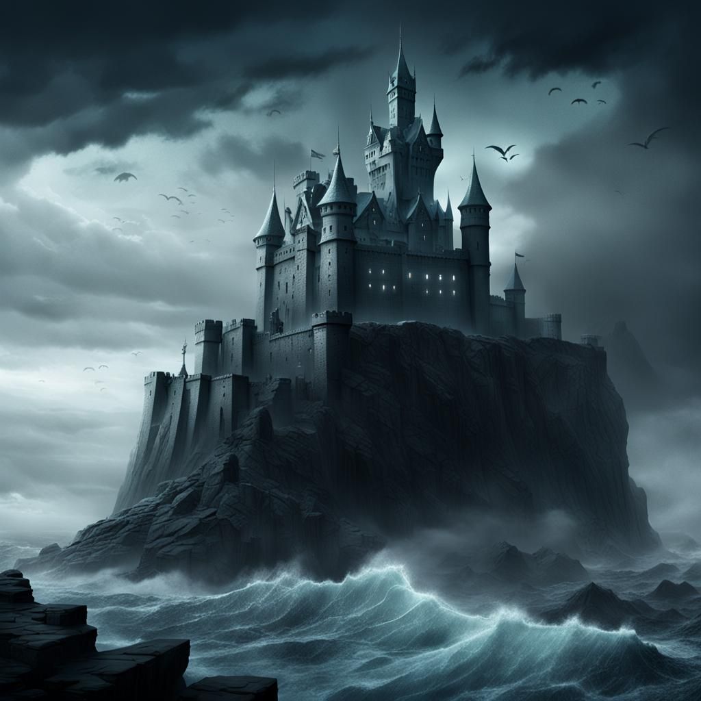 Dark Fantasy Castle on Stormy Sea