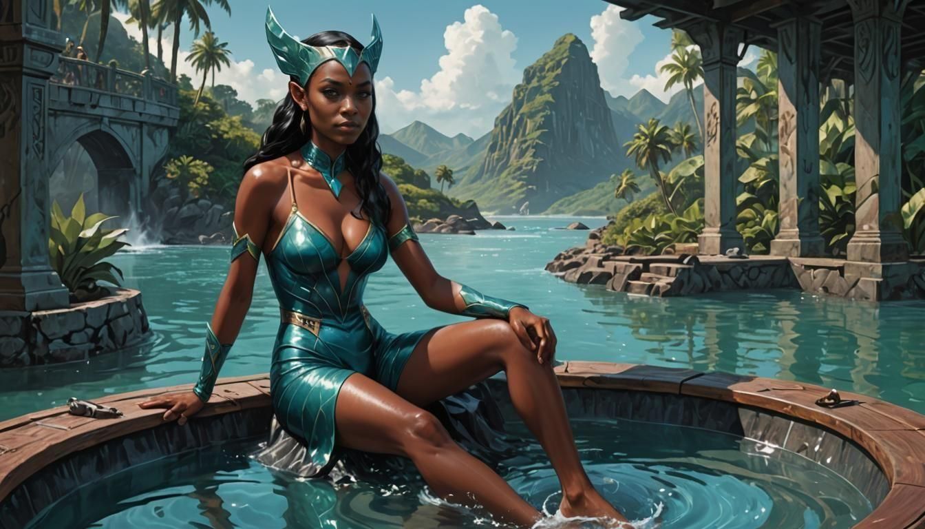 Young Romulan Girl Relaxing in Jacuzzi on Pontoon