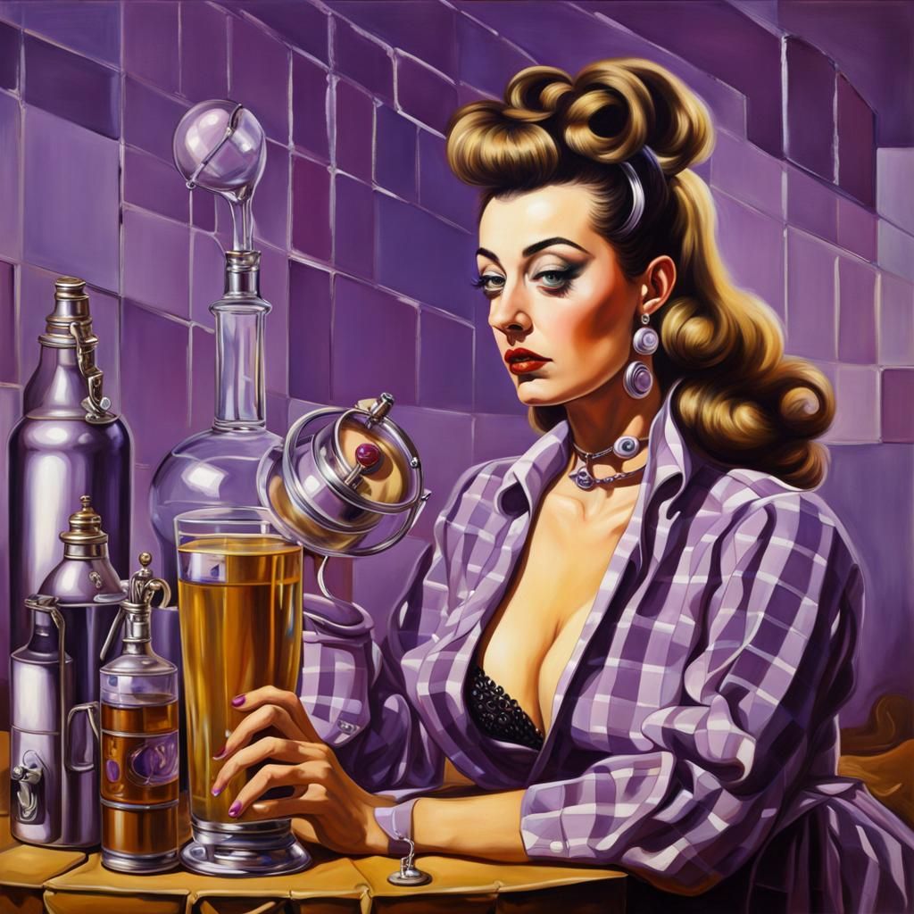 Cyborg Bartender in Purple Plaid: Surrealist Matte Painting