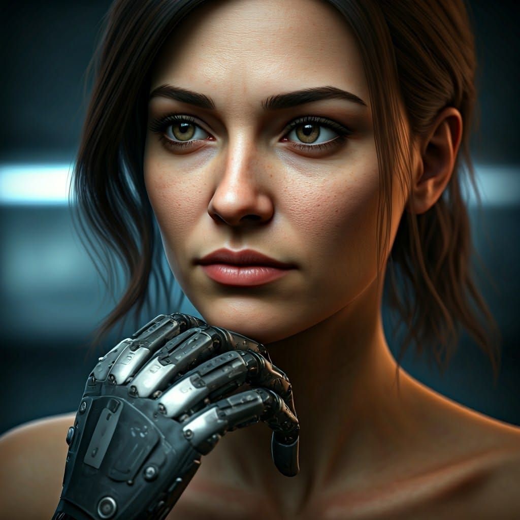 Thoughtful Woman Contemplates Her Robotic Future