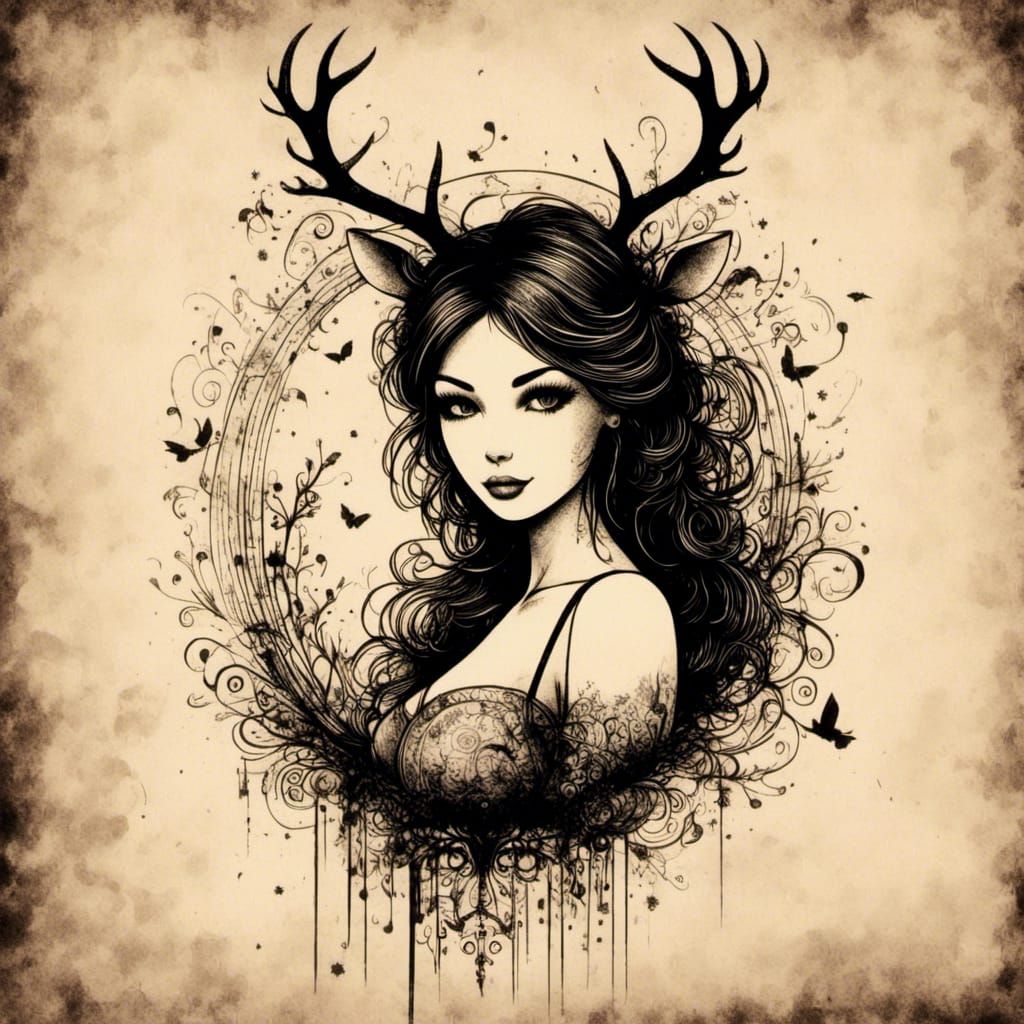 Pretty Woman with Deer Silhouette in 3D HD