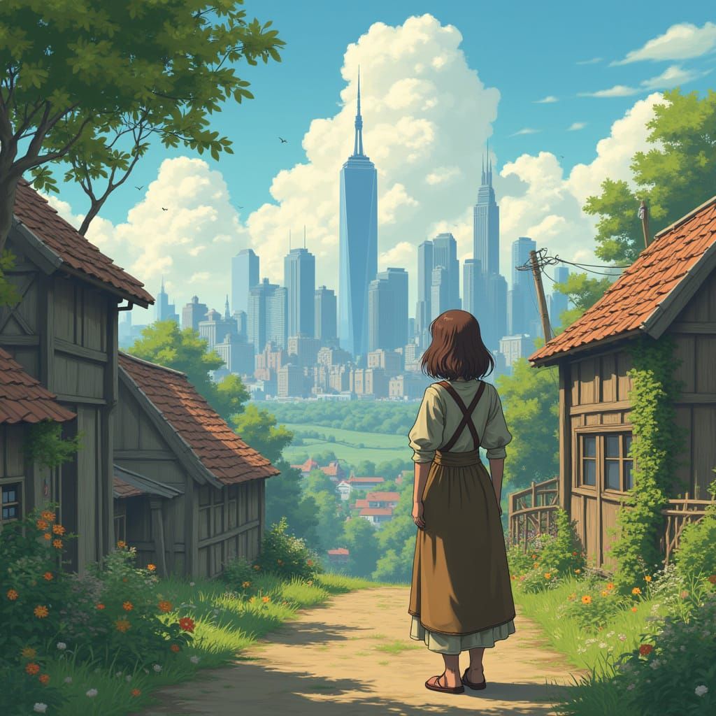 Medieval Meets Future: Woman Gazing at New York City