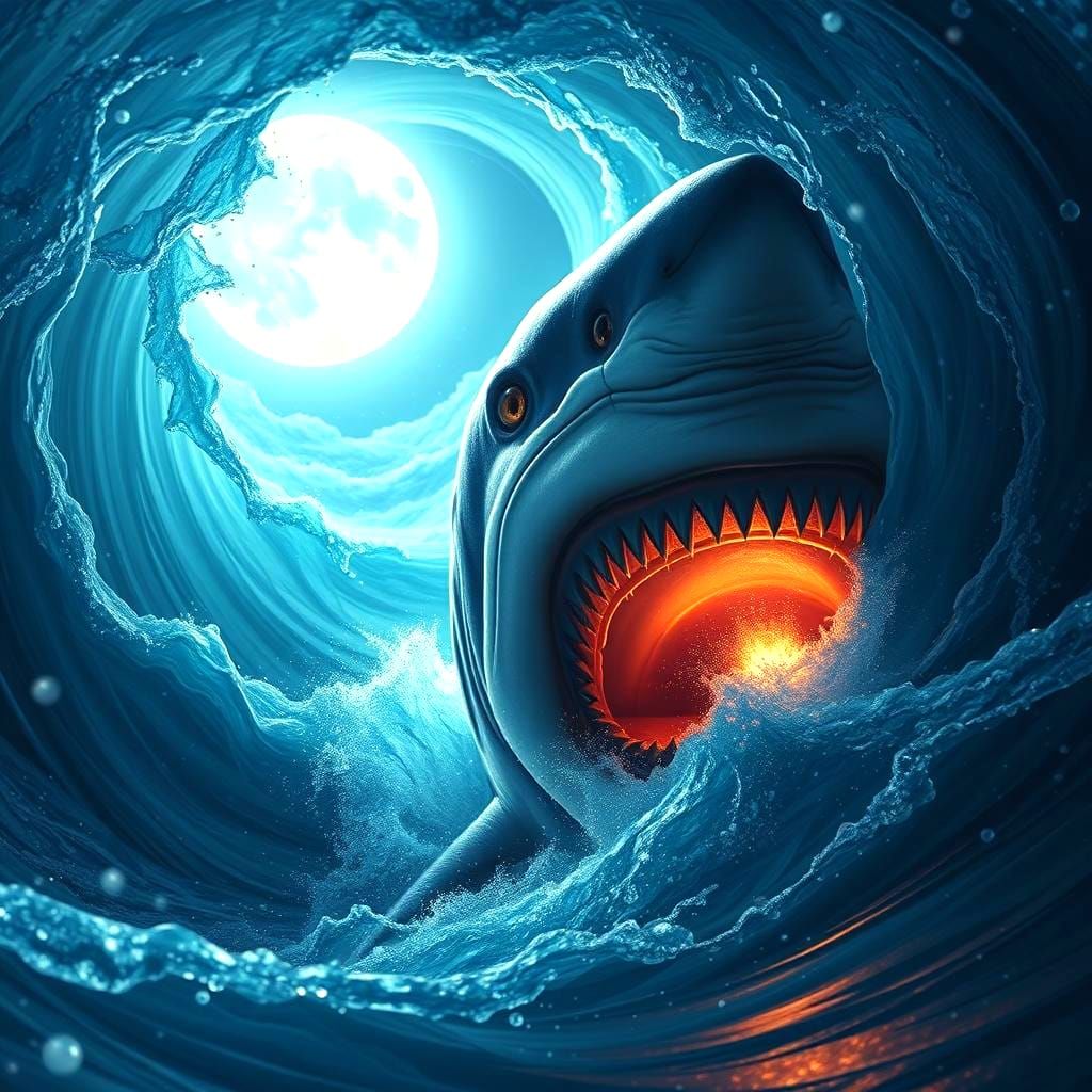 Shark in Ocean Waves with Vortex, Detailed Matte Painting