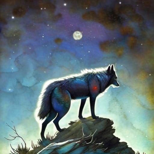 Wolf on Cliff Peak Under Nebula Sky