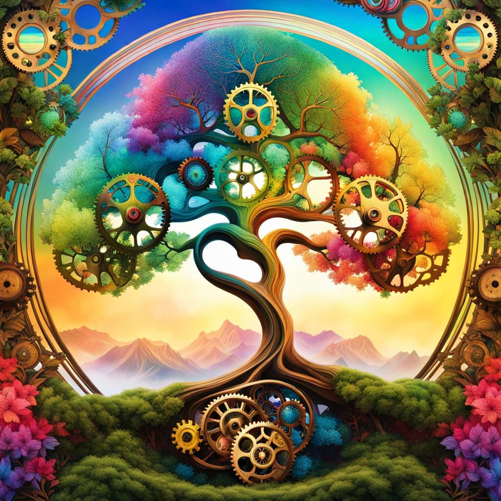 Dadaist gear and Art Nouveau tree