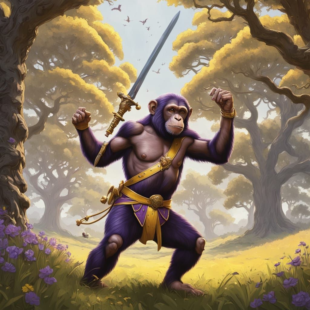 Chimpanzees Duel with Rapiers in Lush Meadow