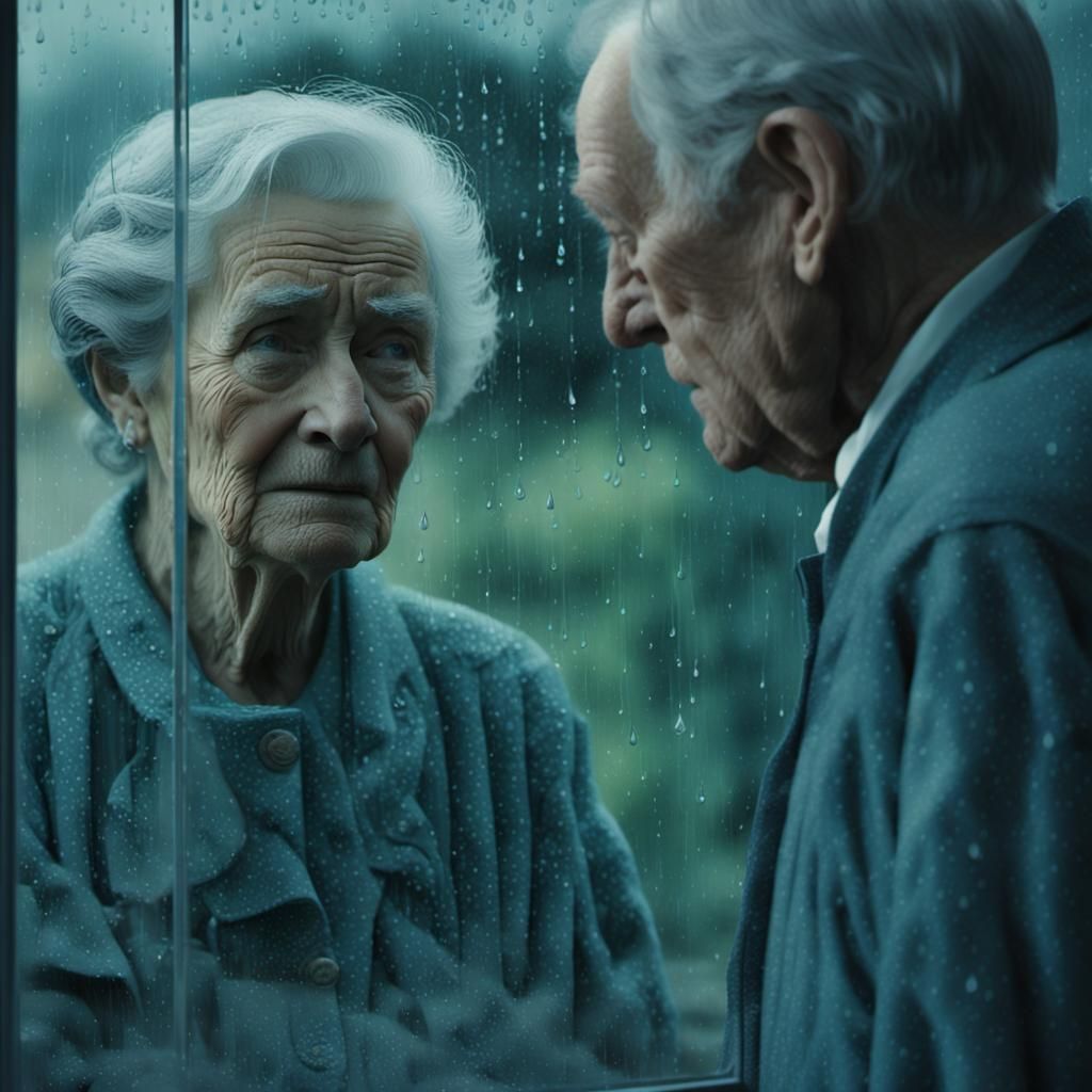Rainy Window: A Muted Film Still of an Old Couple