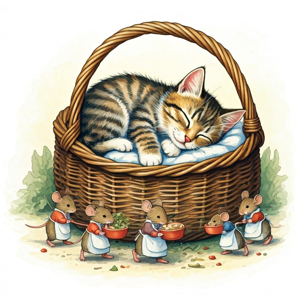 Whimsical Kitten Dream: Mice Steal Food Bowl