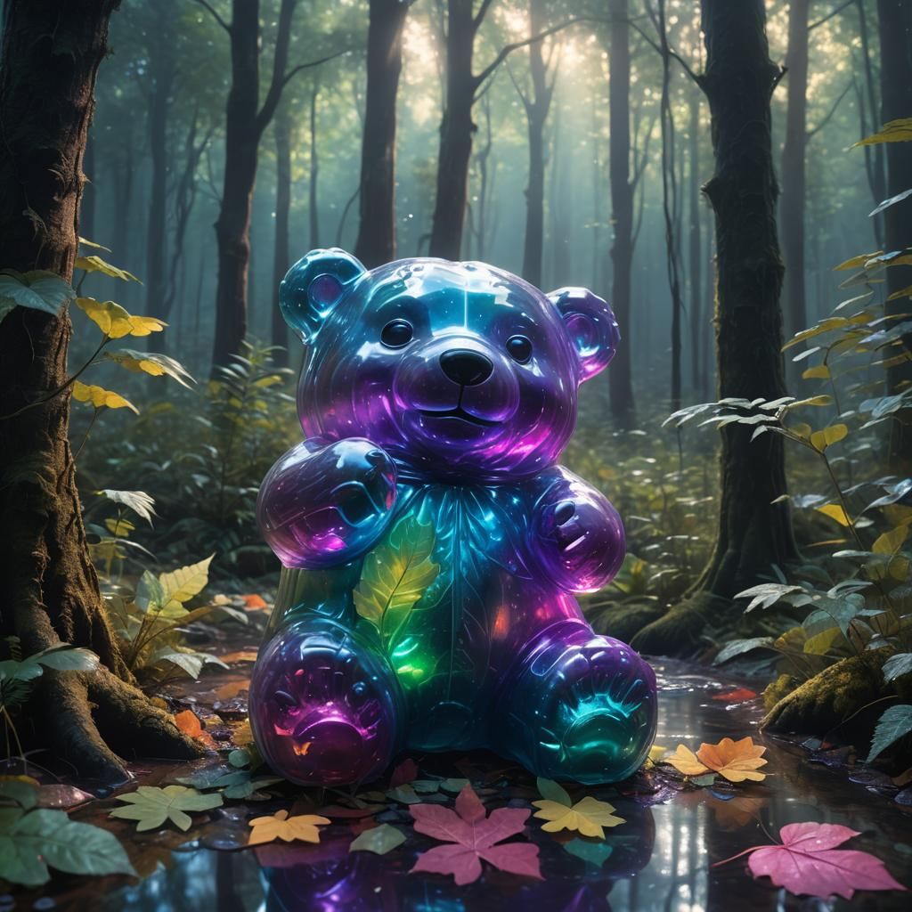 Giant Gummy Bear Glows in Mystical Forest