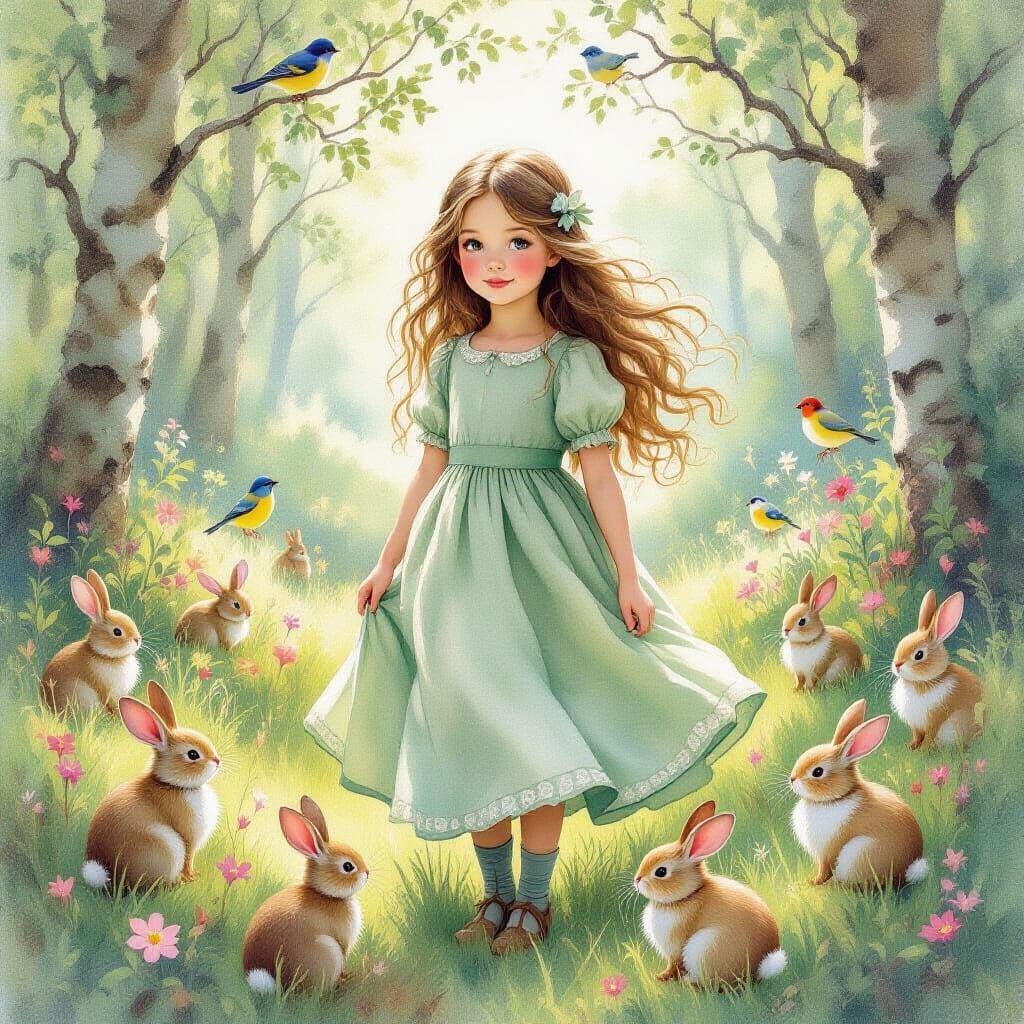 Girl in Forest with Rabbits, Impressionist Style