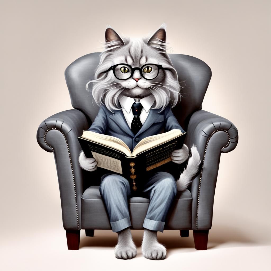 Anthropomorphic Cat Reading Book, Ready for Evening