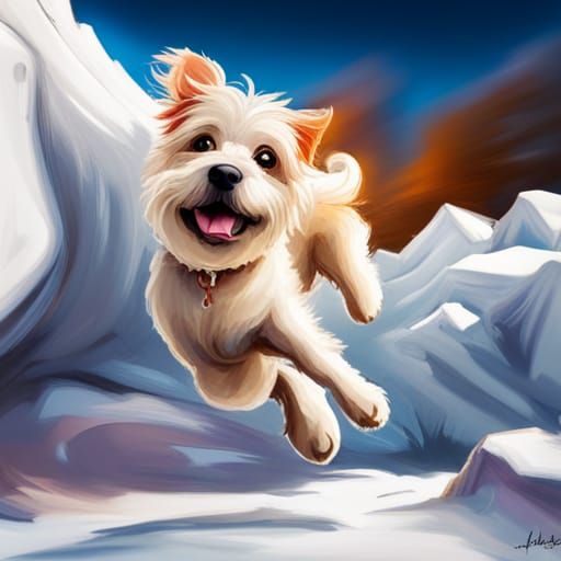 Happy Dog Jumps in Snow: Graffiti Art Style