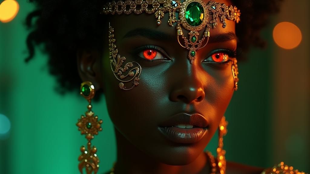 Fiery-Eyed Woman with Gold Jewelry in Cyberpunk Style