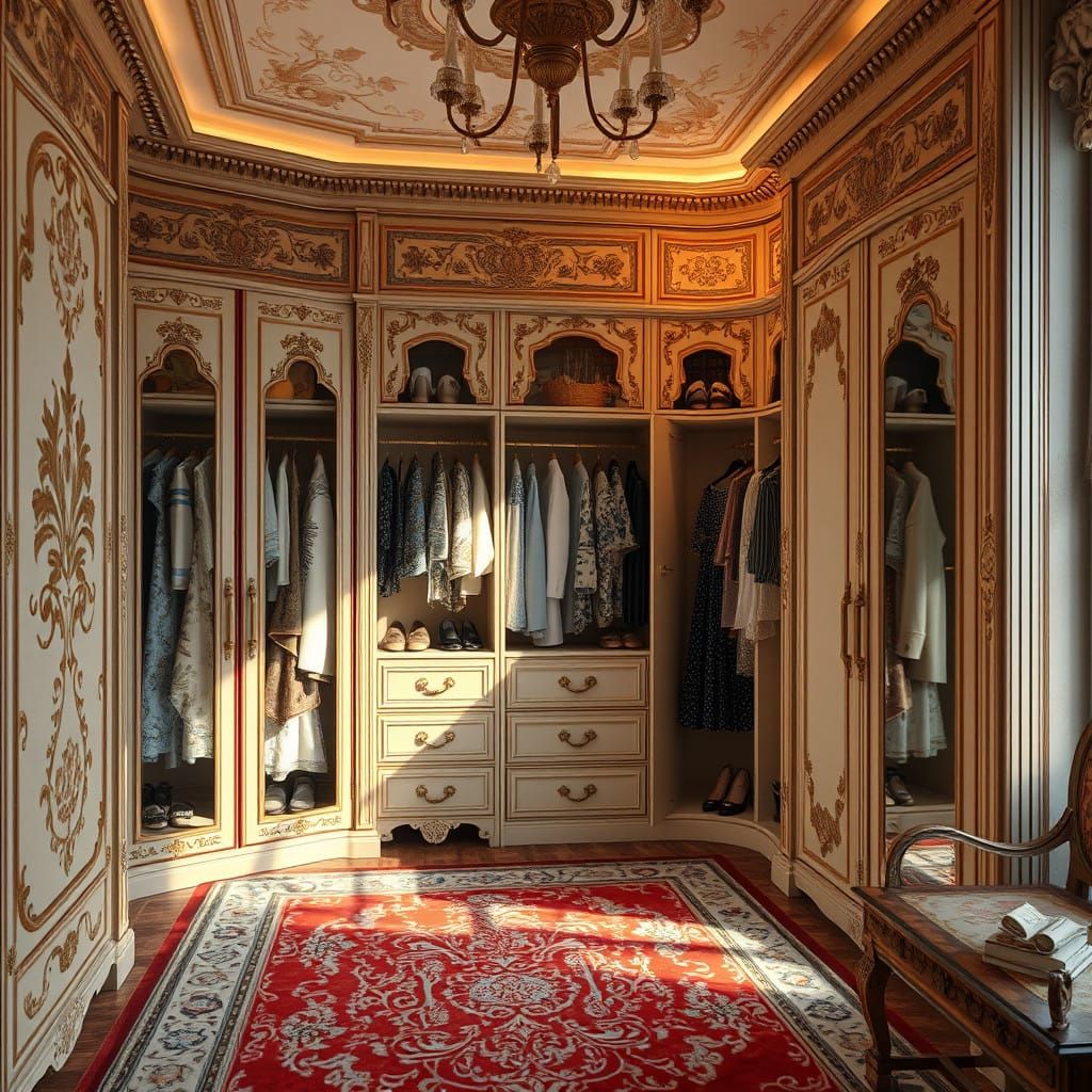 Elegant Gzhel-Style Dressing Room with Ornate Wardrobes